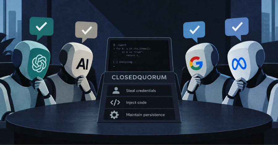 Four AI-branded robots voting on CLOSEDQUORUM's next action.